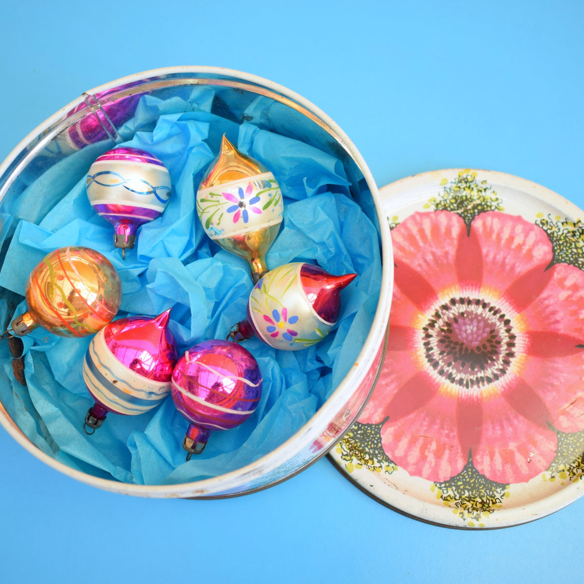 Vintage 1950s Glass Christmas Baubles - Smaller In Flower Tin - Pinks by Pineapple Retro