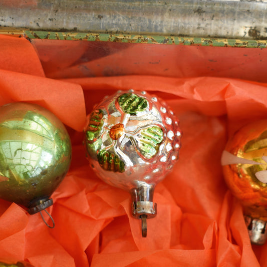 Vintage 1960s Glass Christmas Decorations - Autumnal Colours - Flying Duck Tin by Pineapple Retro
