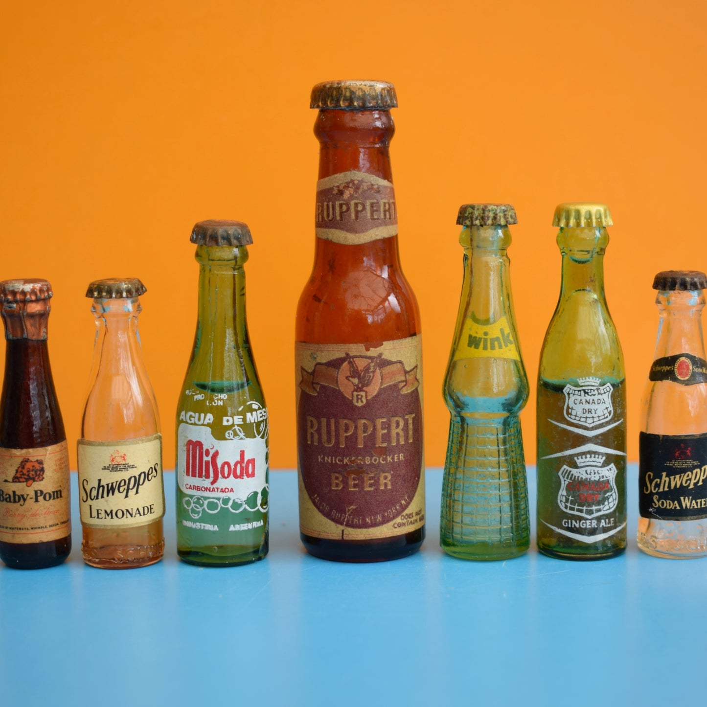 Vintage 1980s Mini Glass Bottles - Schweppes / Wink / Canada Dry / Verve Champagne