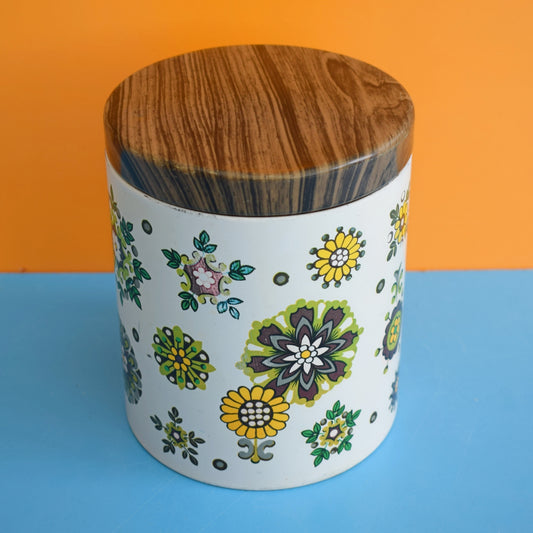 Vintage 1970s Flower Tin - Green & Brown