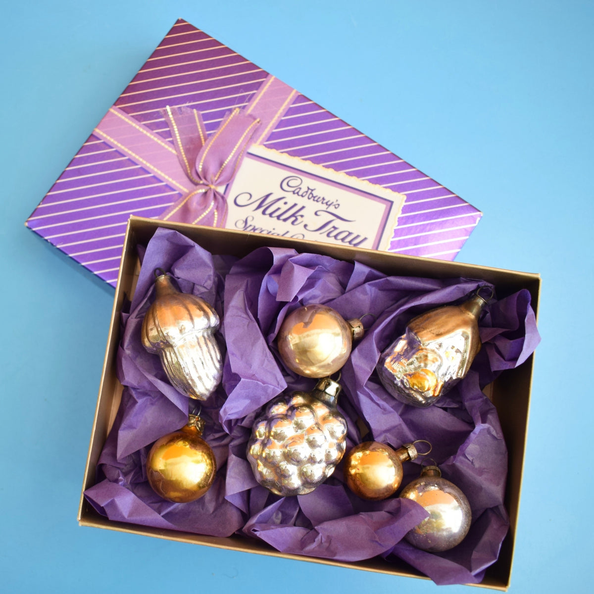 Vintage 1950s Glass Christmas Baubles - Smaller In Chocolate Box by Pineapple Retro