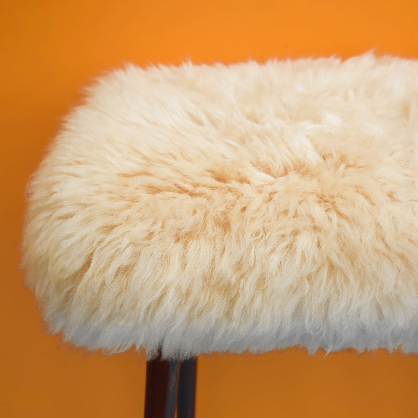 Vintage 1970s Fluffy Sheepskin Wool Stool - Cream .