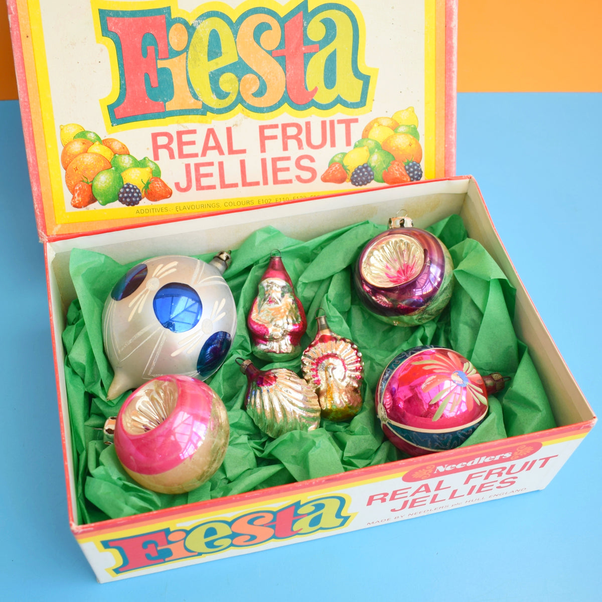 Vintage 1950s Glass Christmas Baubles - Mixed - Pink, Blue & Purple In Sweet Box by Pineapple Retro