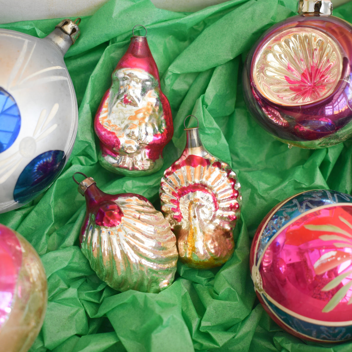 Vintage 1950s Glass Christmas Baubles - Mixed - Pink, Blue & Purple In Sweet Box by Pineapple Retro