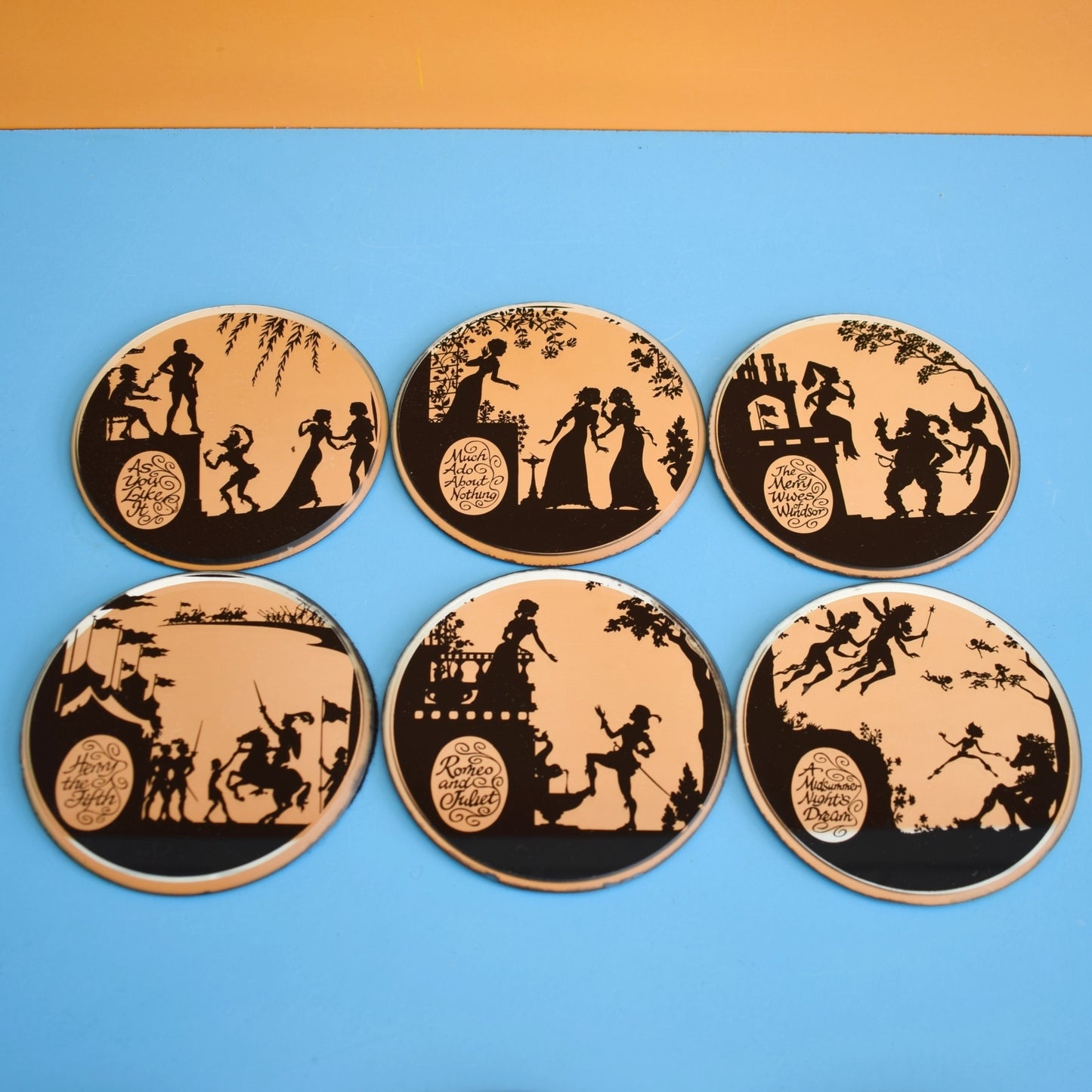 Vintage 1960s Mirrored Coasters - Shakespeare Plays - Romeo & Juliet