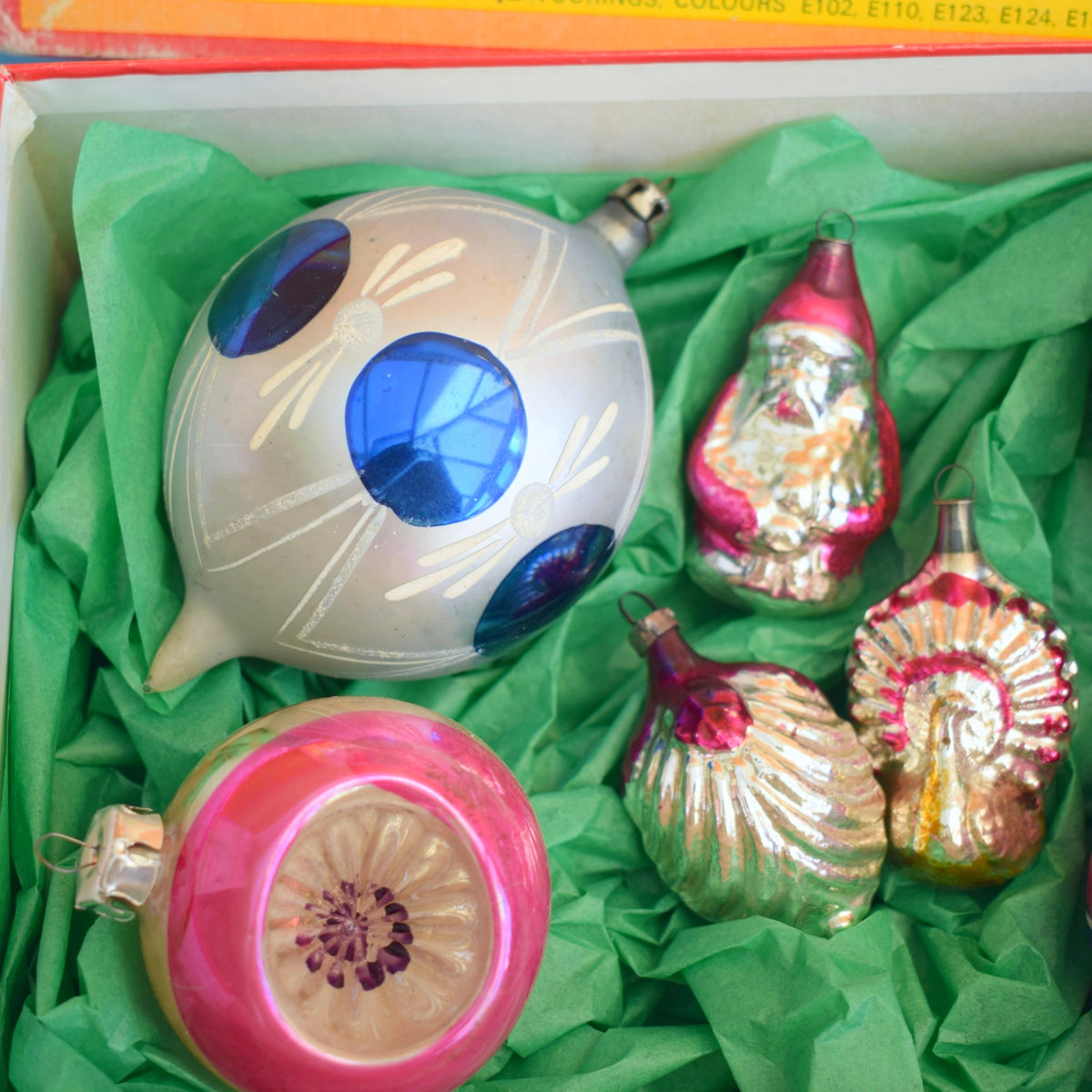 Vintage 1950s Glass Christmas Baubles - Mixed - Pink, Blue & Purple In Sweet Box by Pineapple Retro