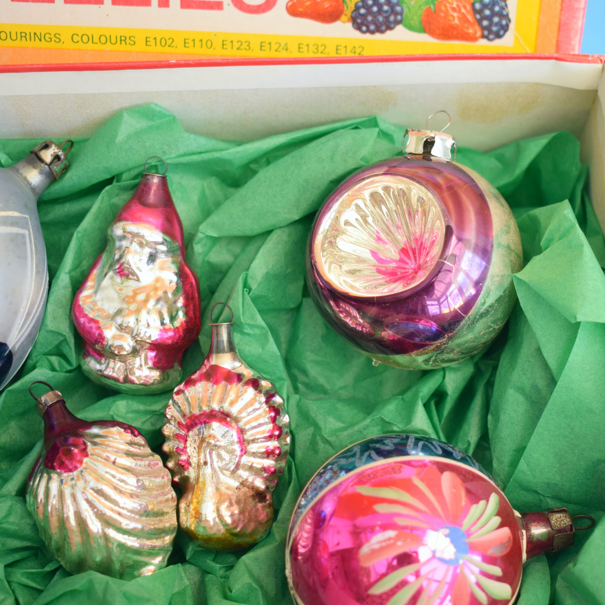 Vintage 1950s Glass Christmas Baubles - Mixed - Pink, Blue & Purple In Sweet Box by Pineapple Retro