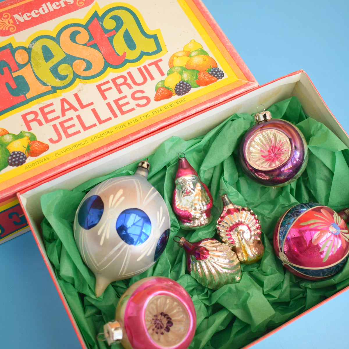 Vintage 1950s Glass Christmas Baubles - Mixed - Pink, Blue & Purple In Sweet Box by Pineapple Retro
