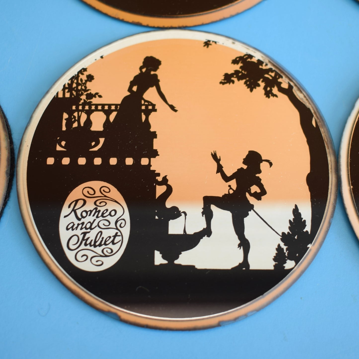 Vintage 1960s Mirrored Coasters - Shakespeare Plays - Romeo & Juliet