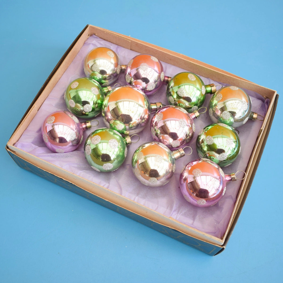 Vintage 1970s Glass Christmas Decorations - Smaller / Medium - Pastel Polka Dots by Pineapple Retro