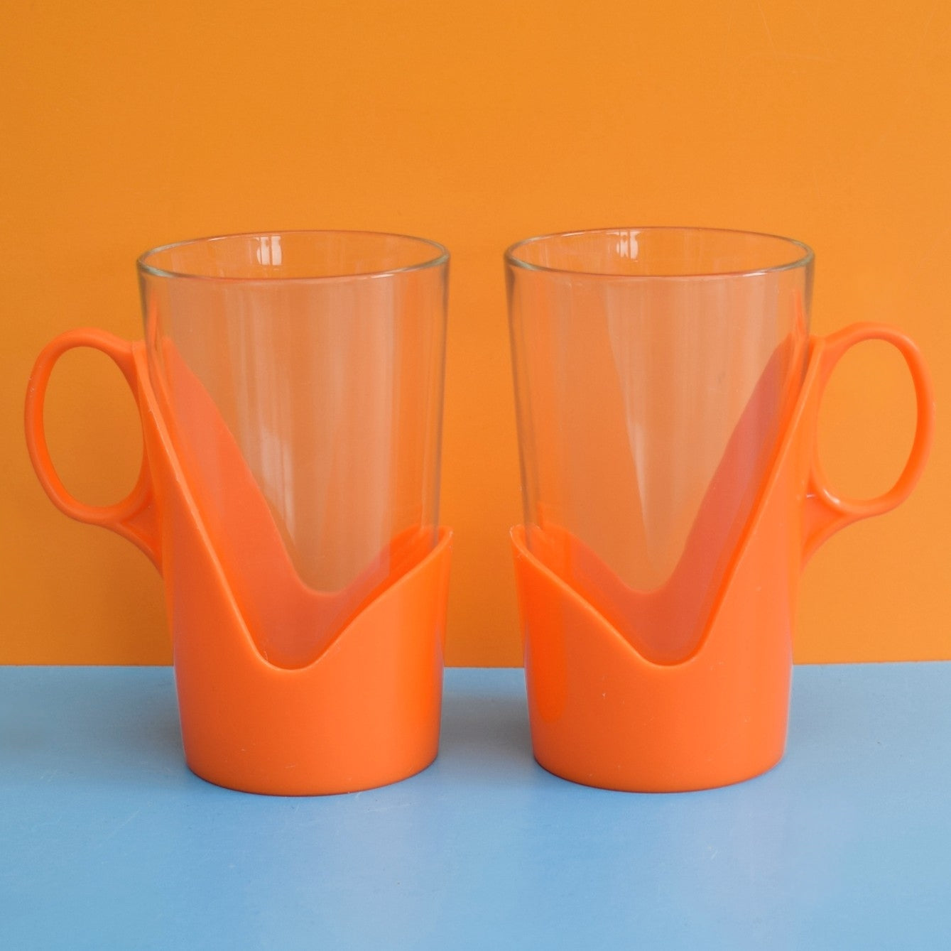 Vintage 1960s Drink-Up Glass Mugs - Orange Pair