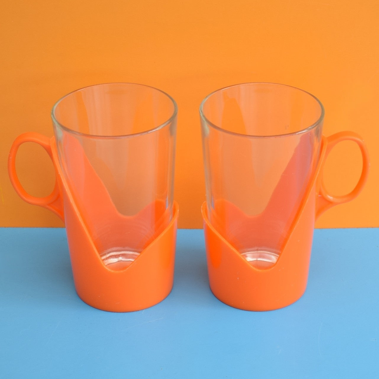 Vintage 1960s Drink-Up Glass Mugs - Orange Pair