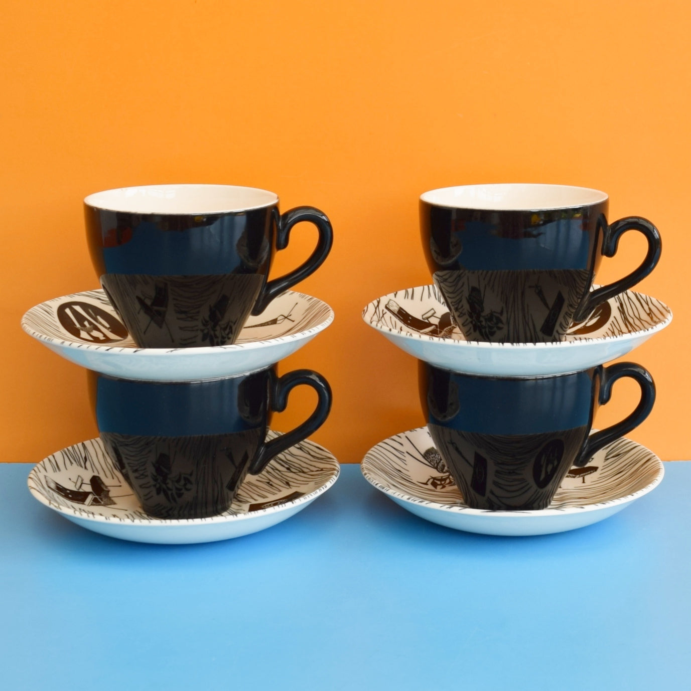 Vintage 1950s Ridgway Homemaker Cups & Saucers - Monochrome x4 by Vintage