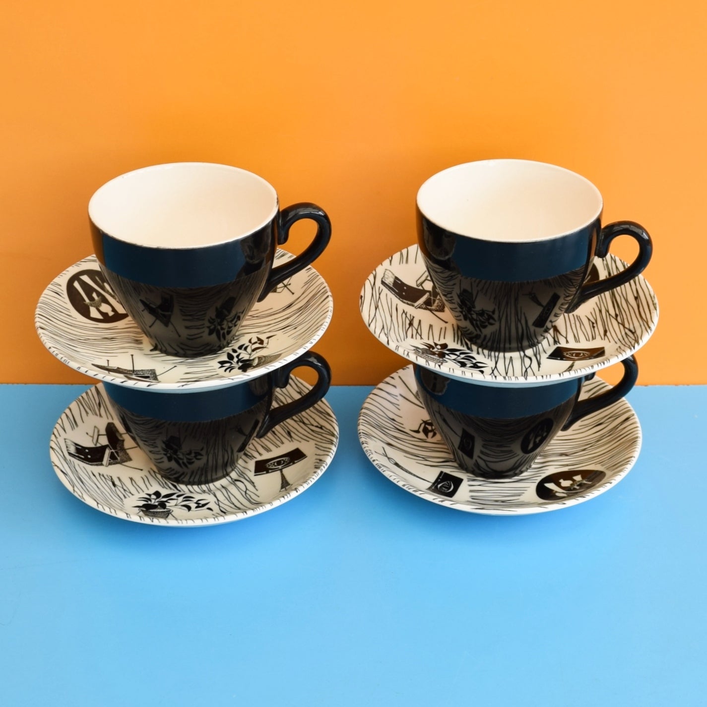 Vintage 1950s Ridgway Homemaker Cups & Saucers - Monochrome x4 by Vintage