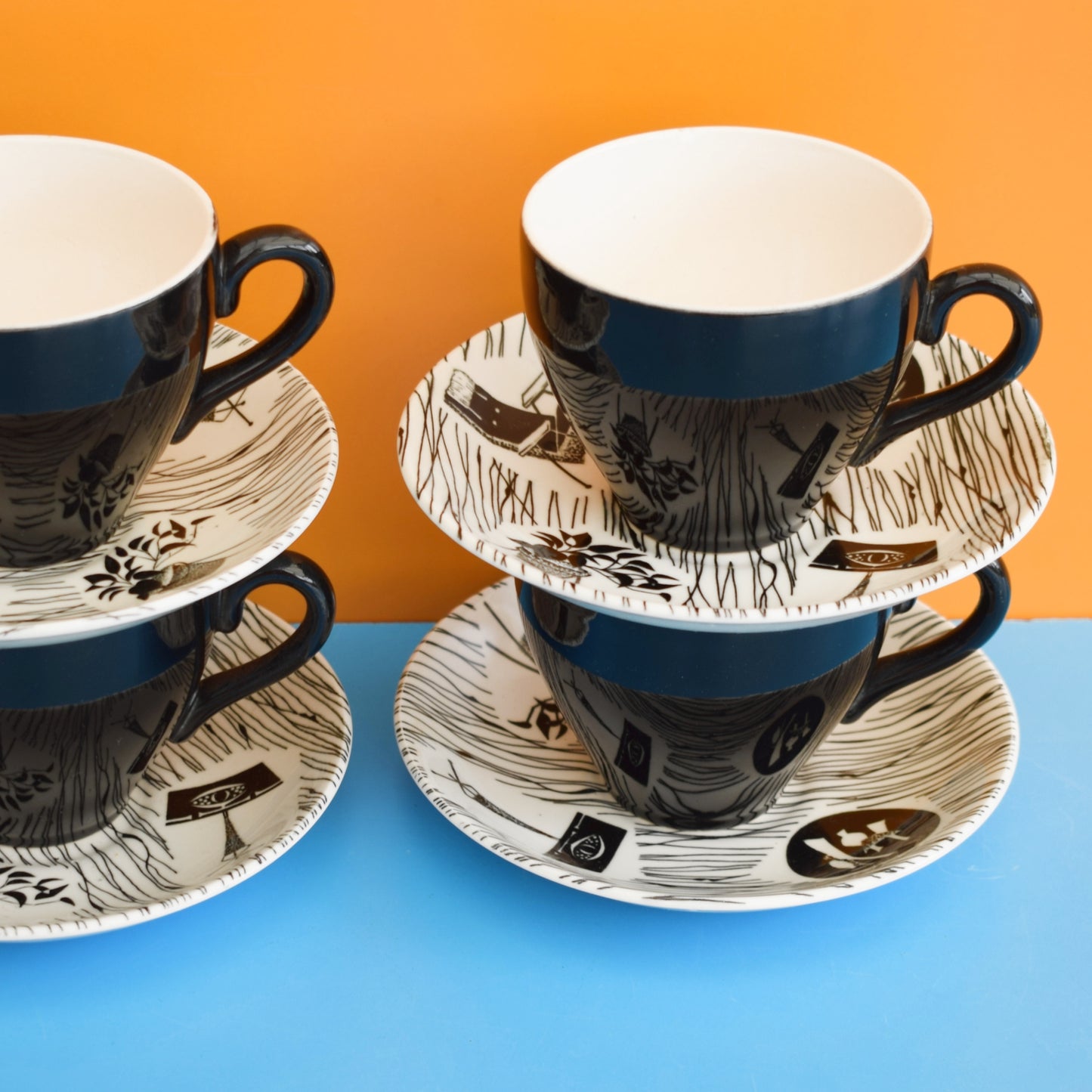 Vintage 1950s Ridgway Homemaker Cups & Saucers - Monochrome x4 by Vintage