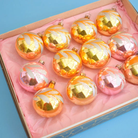 Vintage 1970s Glass Christmas Decorations - Smaller / Medium - Gold/ Pink by Pineapple Retro