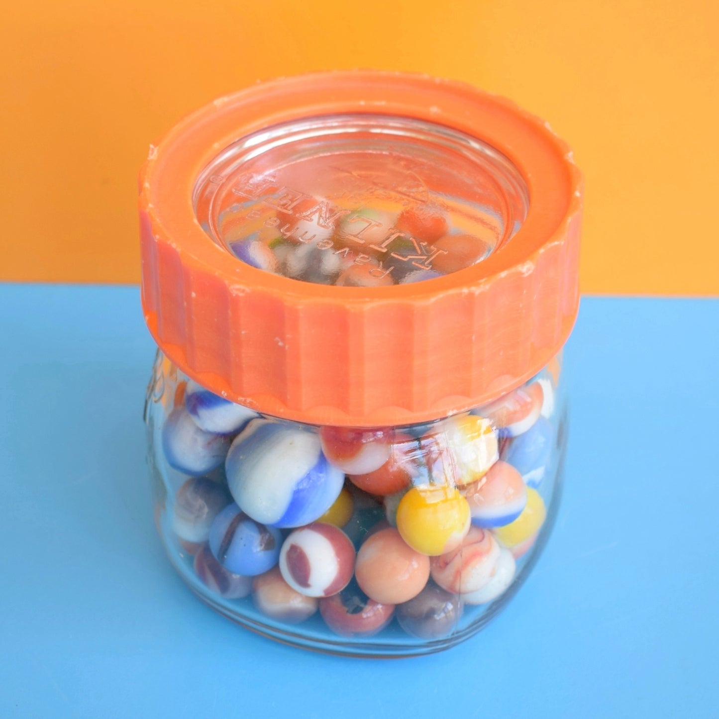 Vintage 1970s Glass Marbles - & Jar - Toothpaste Marbles