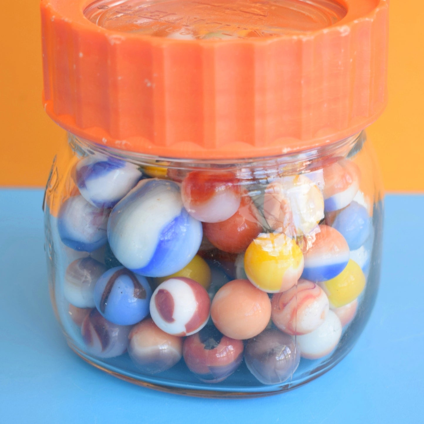 Vintage 1970s Glass Marbles - & Jar - Toothpaste Marbles