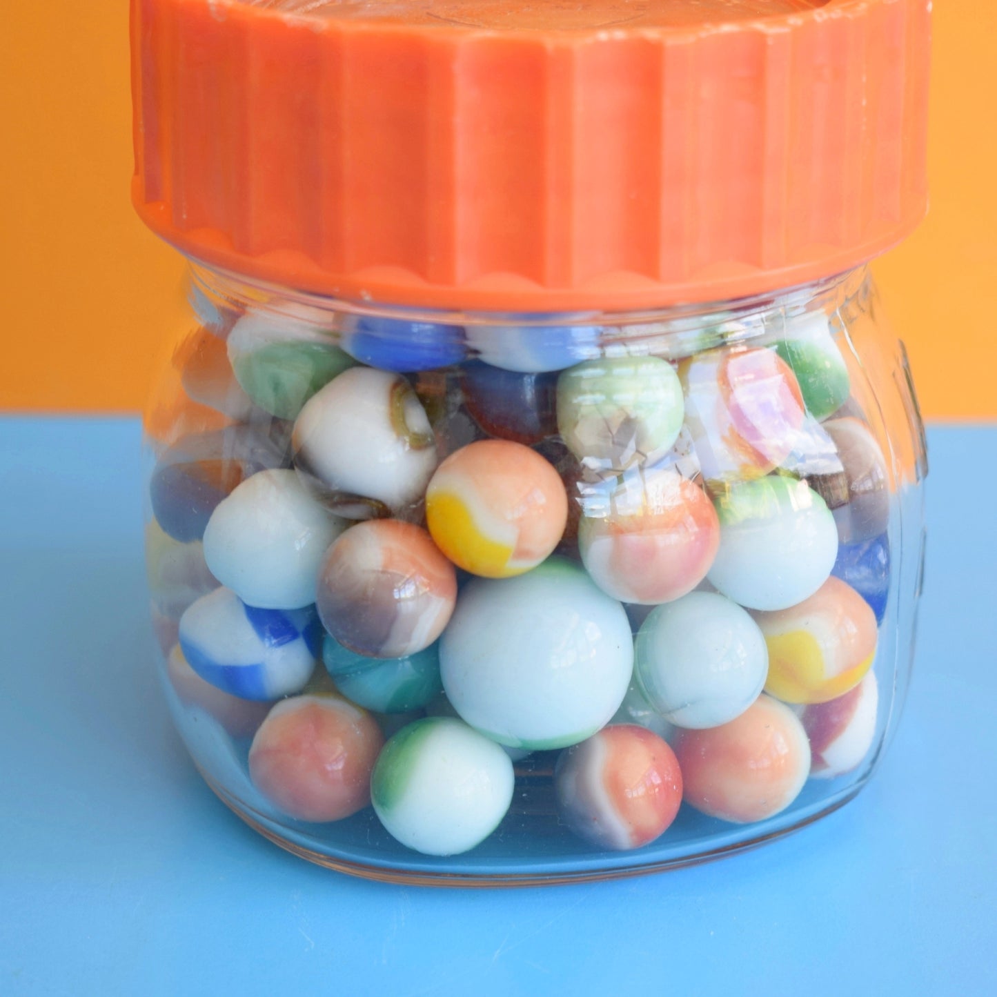 Vintage 1970s Glass Marbles - & Jar - Toothpaste Marbles