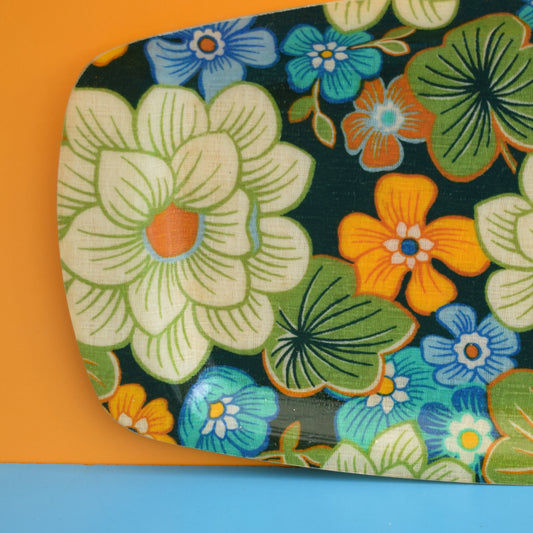 Vintage 1960s Fibreglass Tray - Orange Green & Blue Flower Power