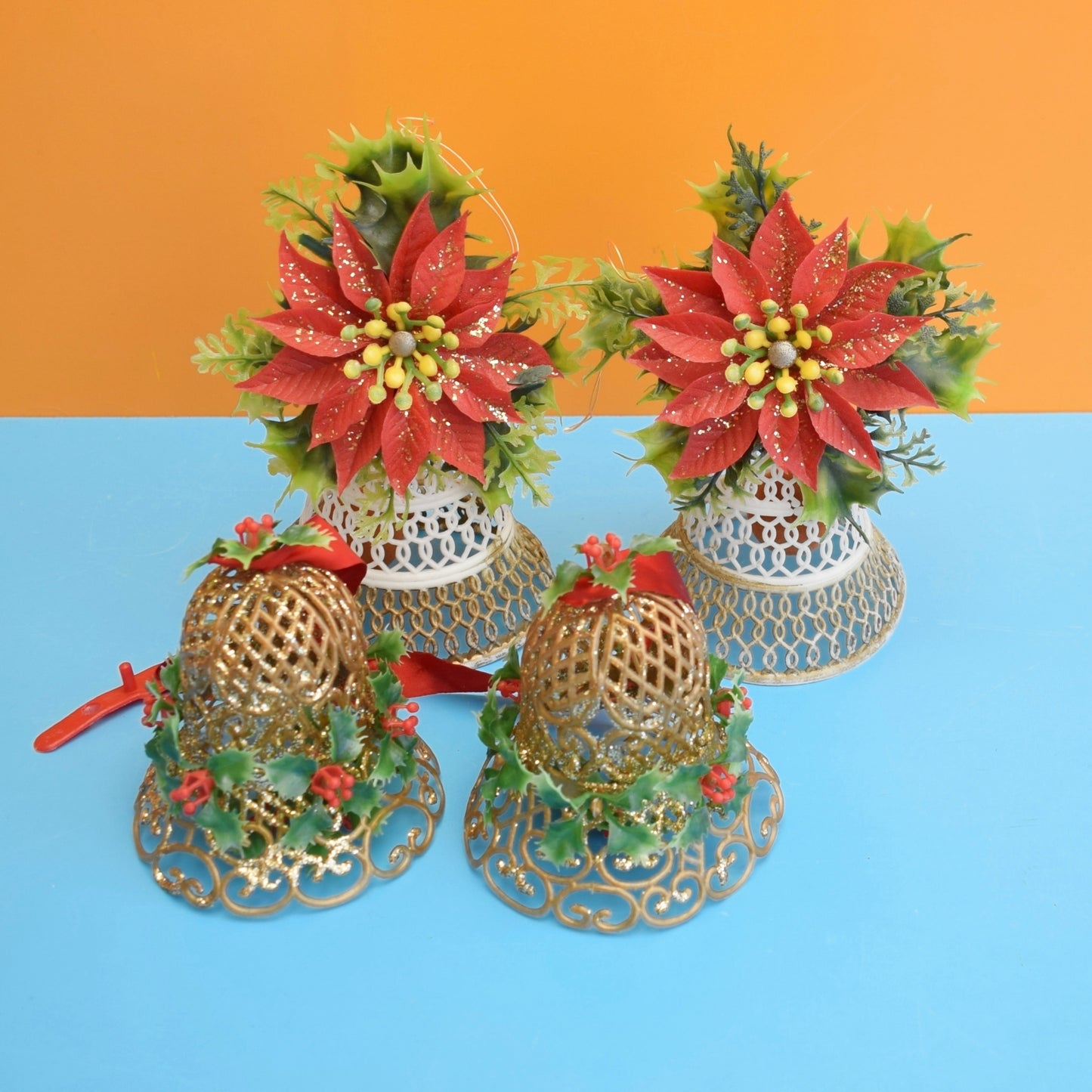 Vintage 1960s Kitsch Plastic Christmas Decorations - Bells / Holly