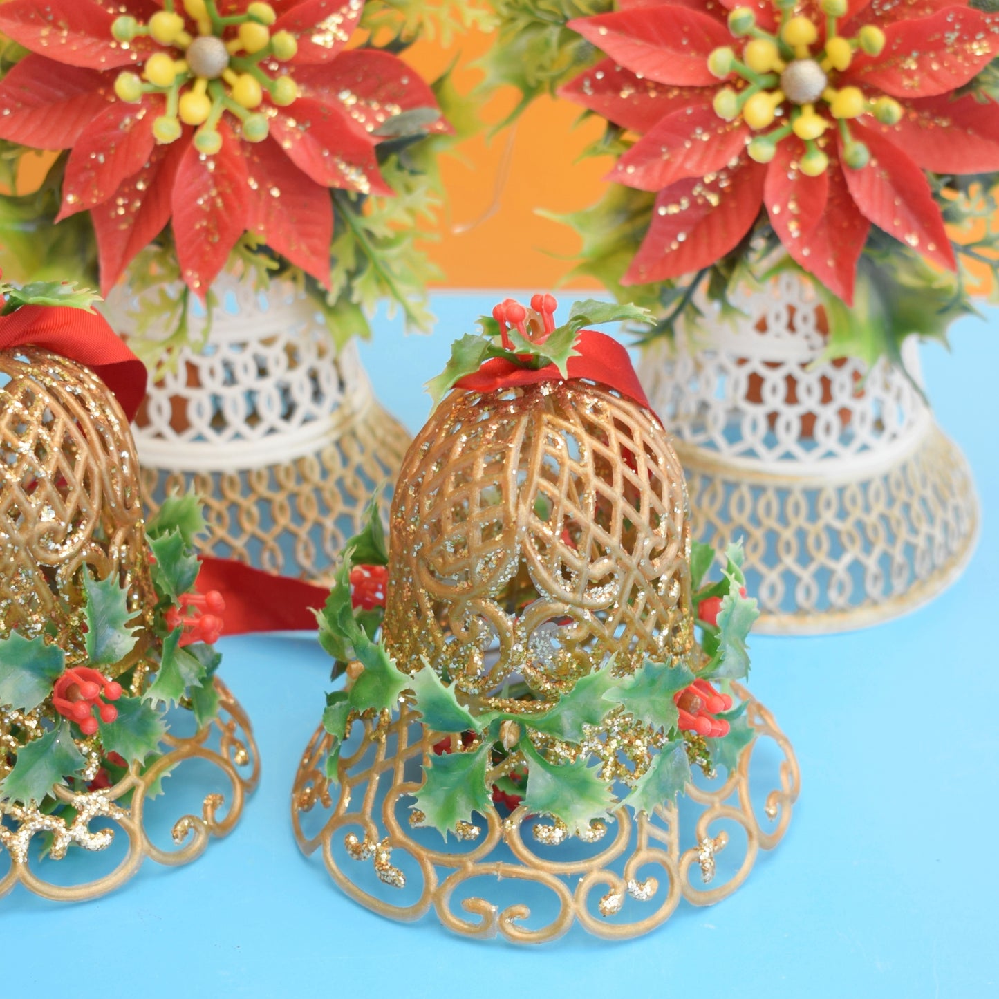 Vintage 1960s Kitsch Plastic Christmas Decorations - Bells / Holly