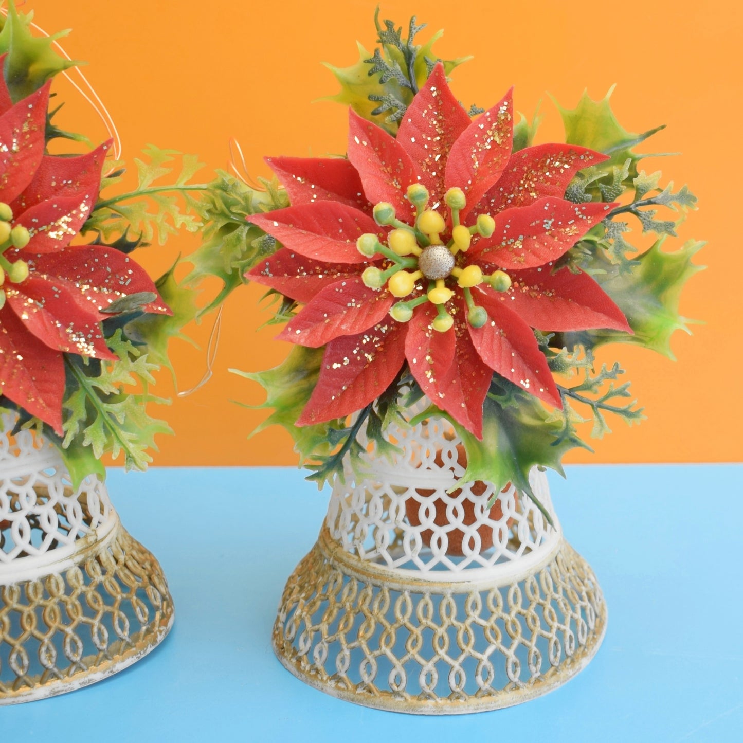Vintage 1960s Kitsch Plastic Christmas Decorations - Bells / Holly