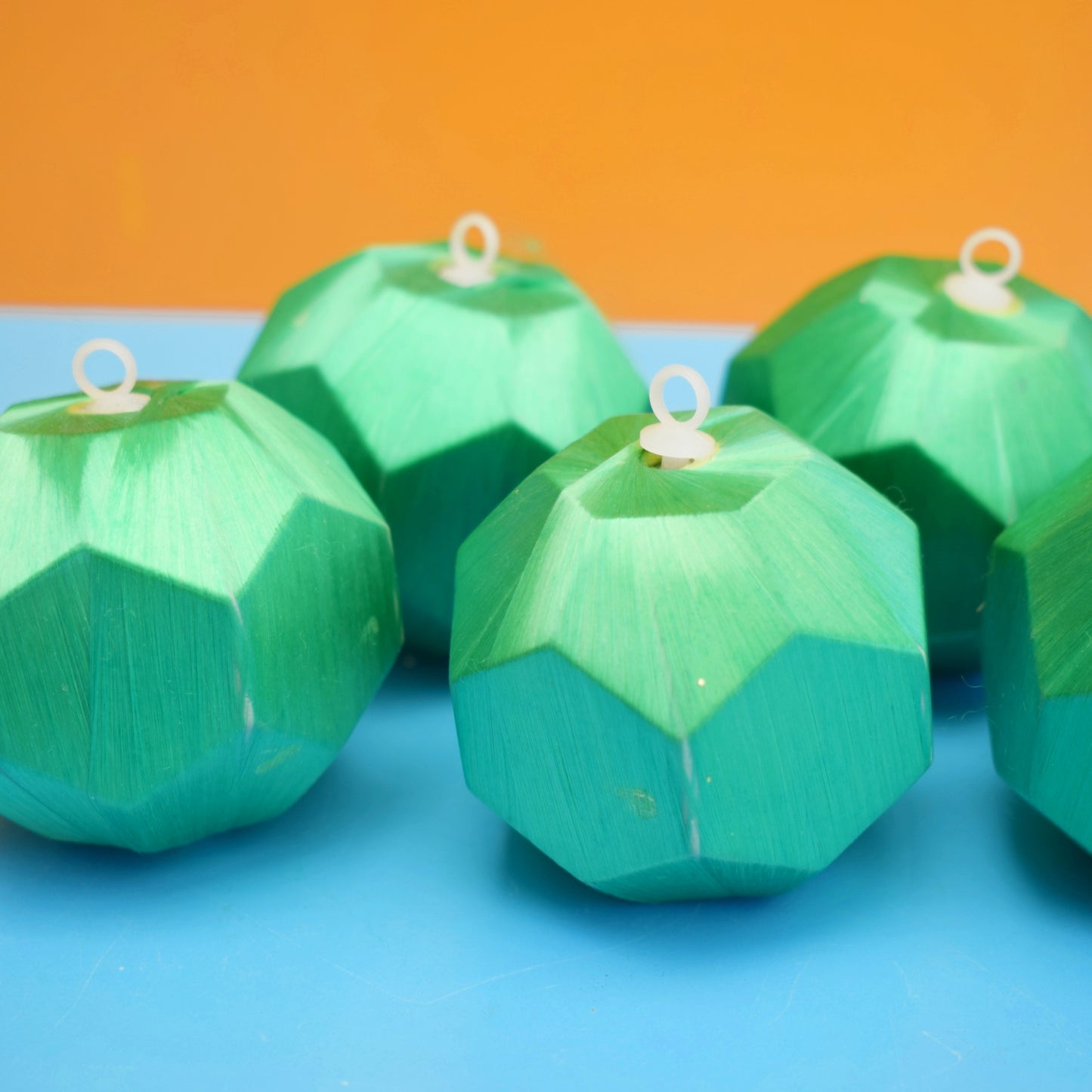 Vintage 1970s Satin Christmas Baubles - Angled Green