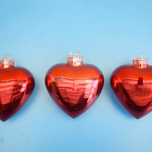 Vintage 1980s Shatterproof Christmas Baubles x3 - Red Hearts