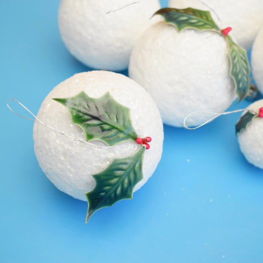 Vintage 1970s Glittery Snowball Christmas Baubles - White x6