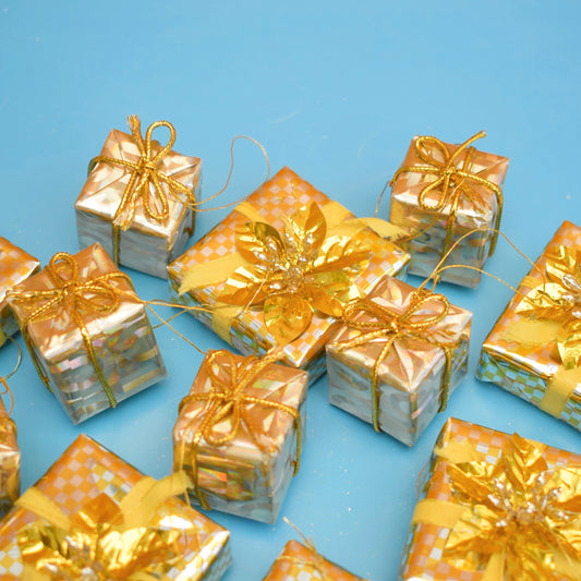 Vintage 1980s Kitsch Mini Present Tree Decorations- Gold x14