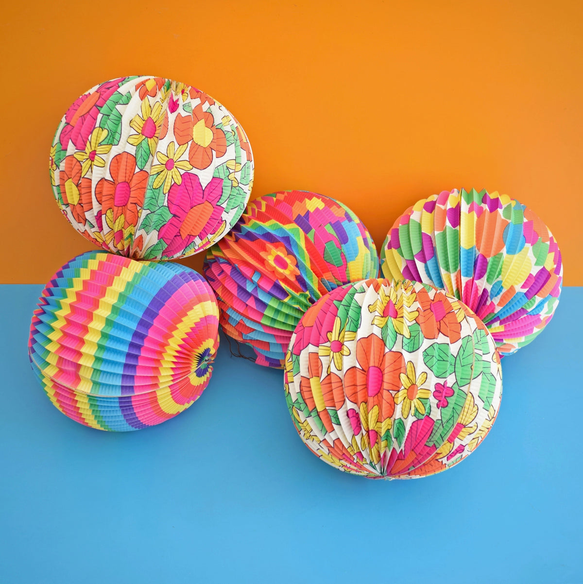 Vintage 1970s Paper Ball Lanterns - Bold Colours - German by Pineapple Retro