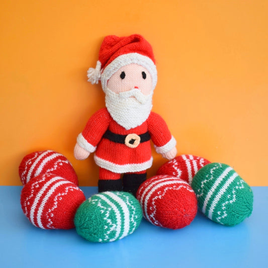 Vintage 1970s Knitted Santa / Father Christmas & Baubles Handmade