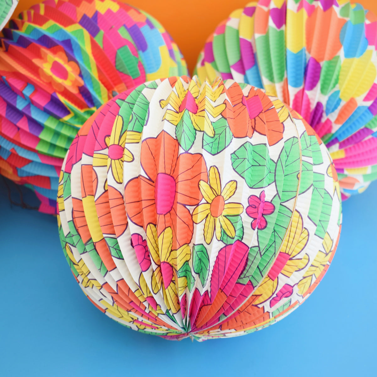 Vintage 1970s Paper Ball Lanterns - Bold Colours - German by Pineapple Retro