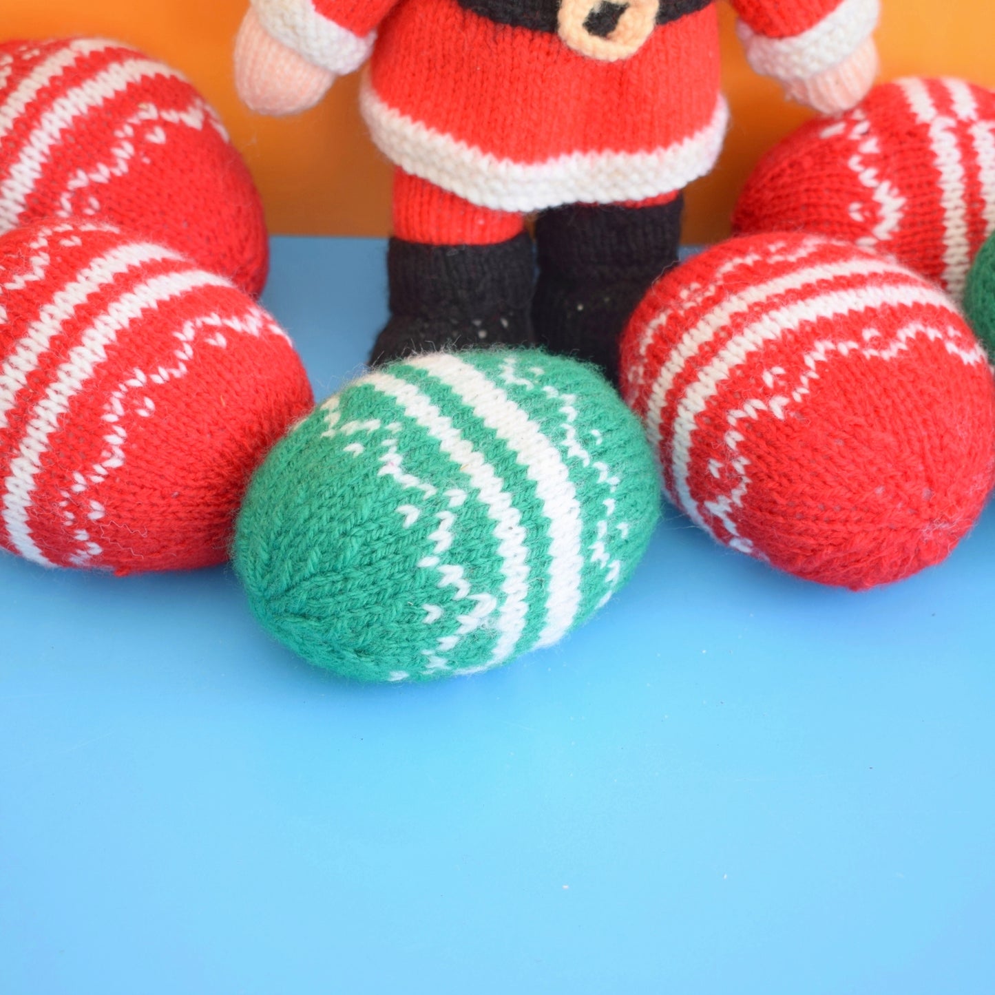 Vintage 1970s Knitted Santa / Father Christmas & Baubles Handmade