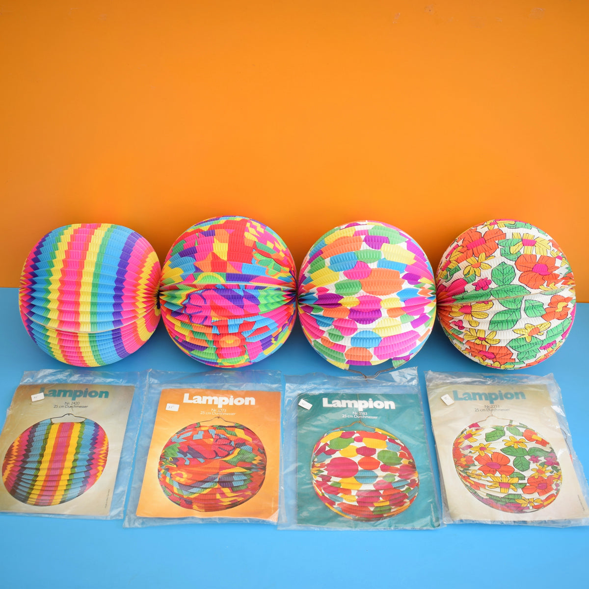 Vintage 1970s Paper Ball Lanterns - Bold Colours - German by Pineapple Retro