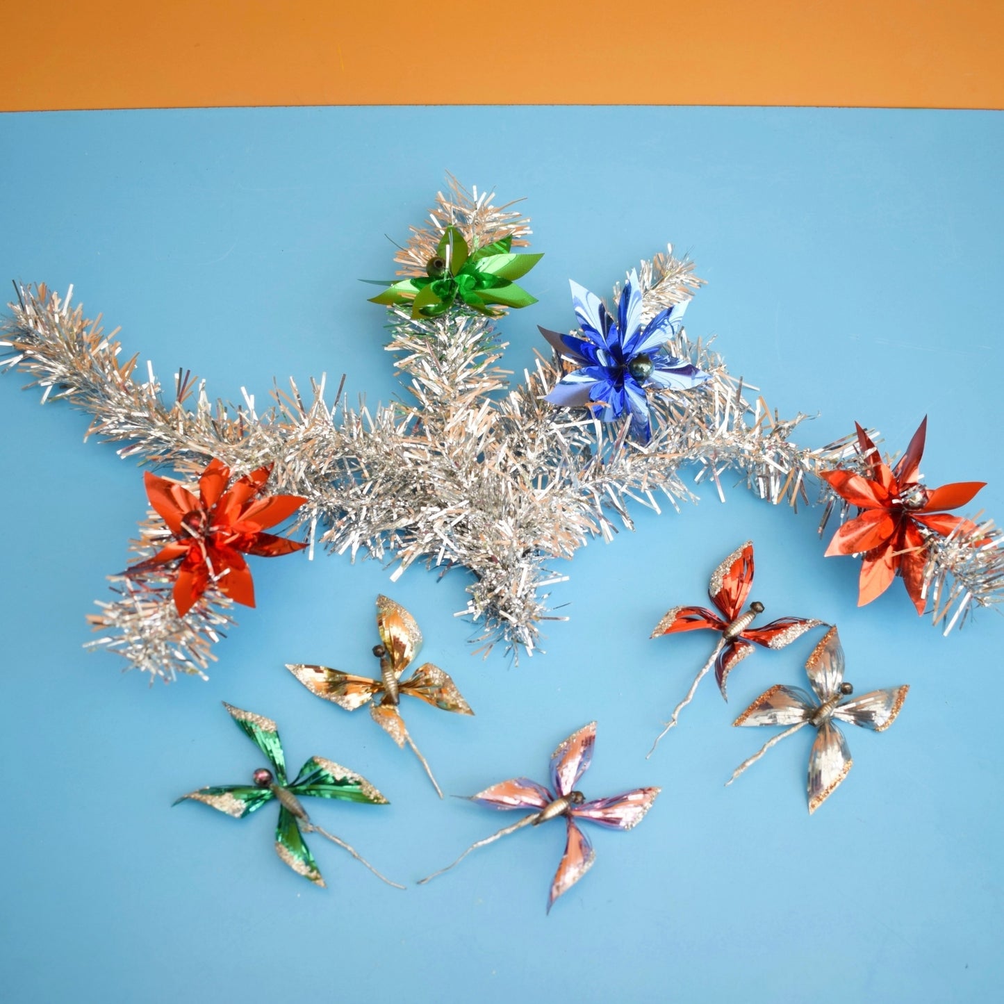 Vintage 1960s Foil Butterflies / Flowers & Tinsel - Christmas Parcel Wrapping by Pineapple Retro