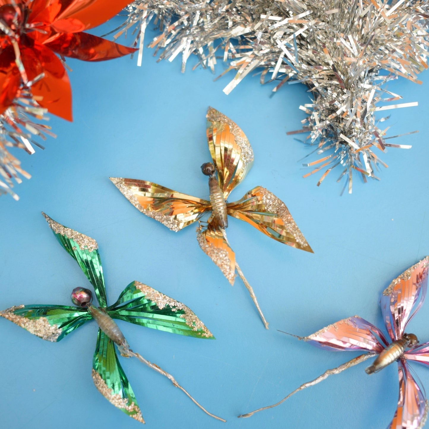 Vintage 1960s Foil Butterflies / Flowers & Tinsel - Christmas Parcel Wrapping by Pineapple Retro
