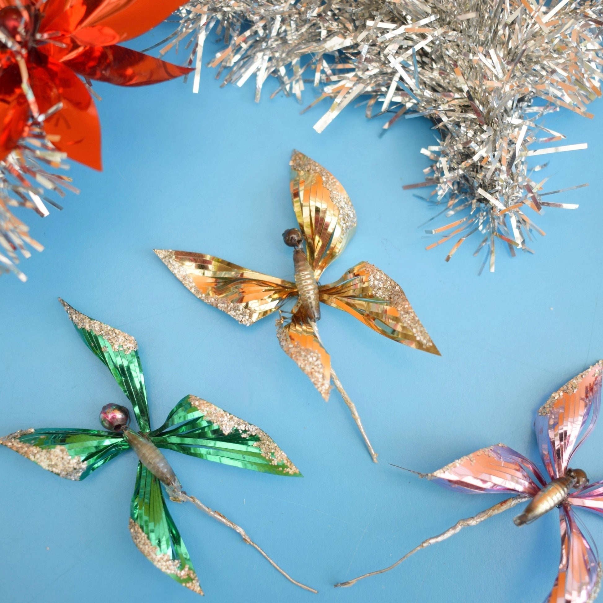 Vintage 1960s Foil Butterflies / Flowers & Tinsel - Christmas Parcel Wrapping by Pineapple Retro