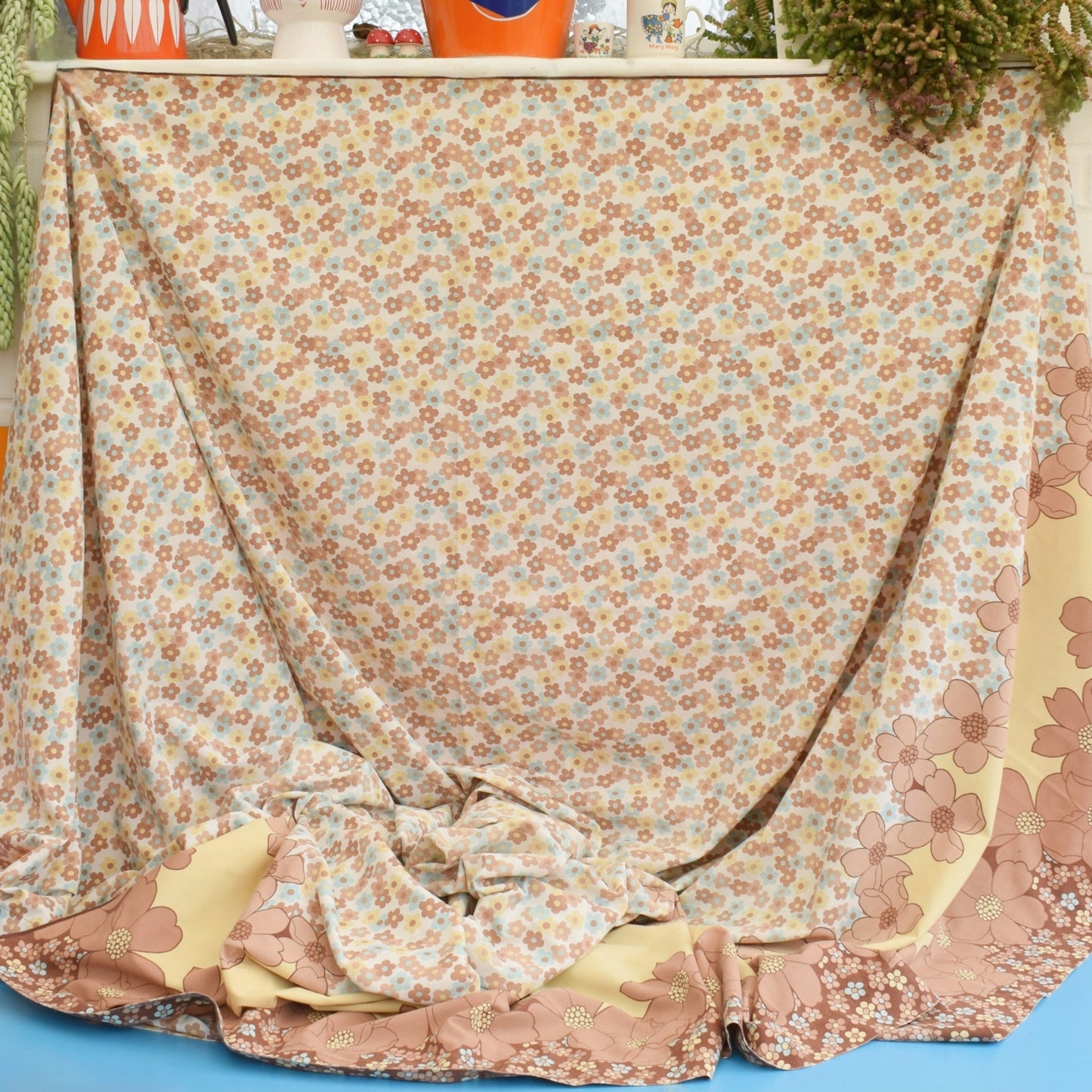 Vintage 1970s Flat Sheet/ Fabric - Floral- Brown & Duck Egg Blue