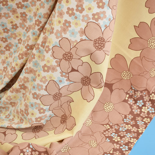 Vintage 1970s Flat Sheet/ Fabric - Floral- Brown & Duck Egg Blue