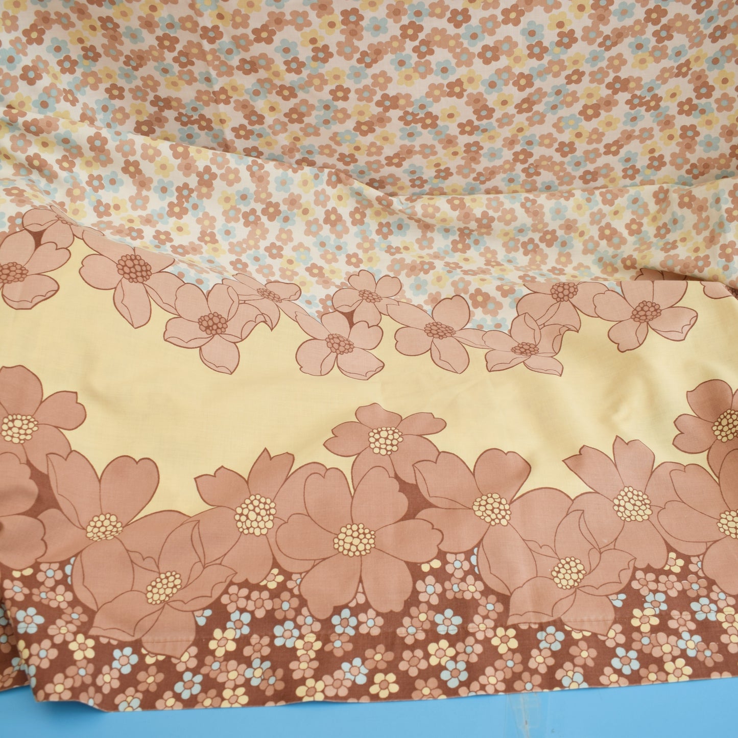 Vintage 1970s Flat Sheet/ Fabric - Floral- Brown & Duck Egg Blue