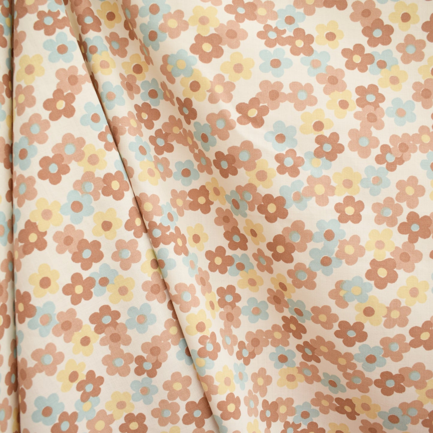 Vintage 1970s Flat Sheet/ Fabric - Floral- Brown & Duck Egg Blue