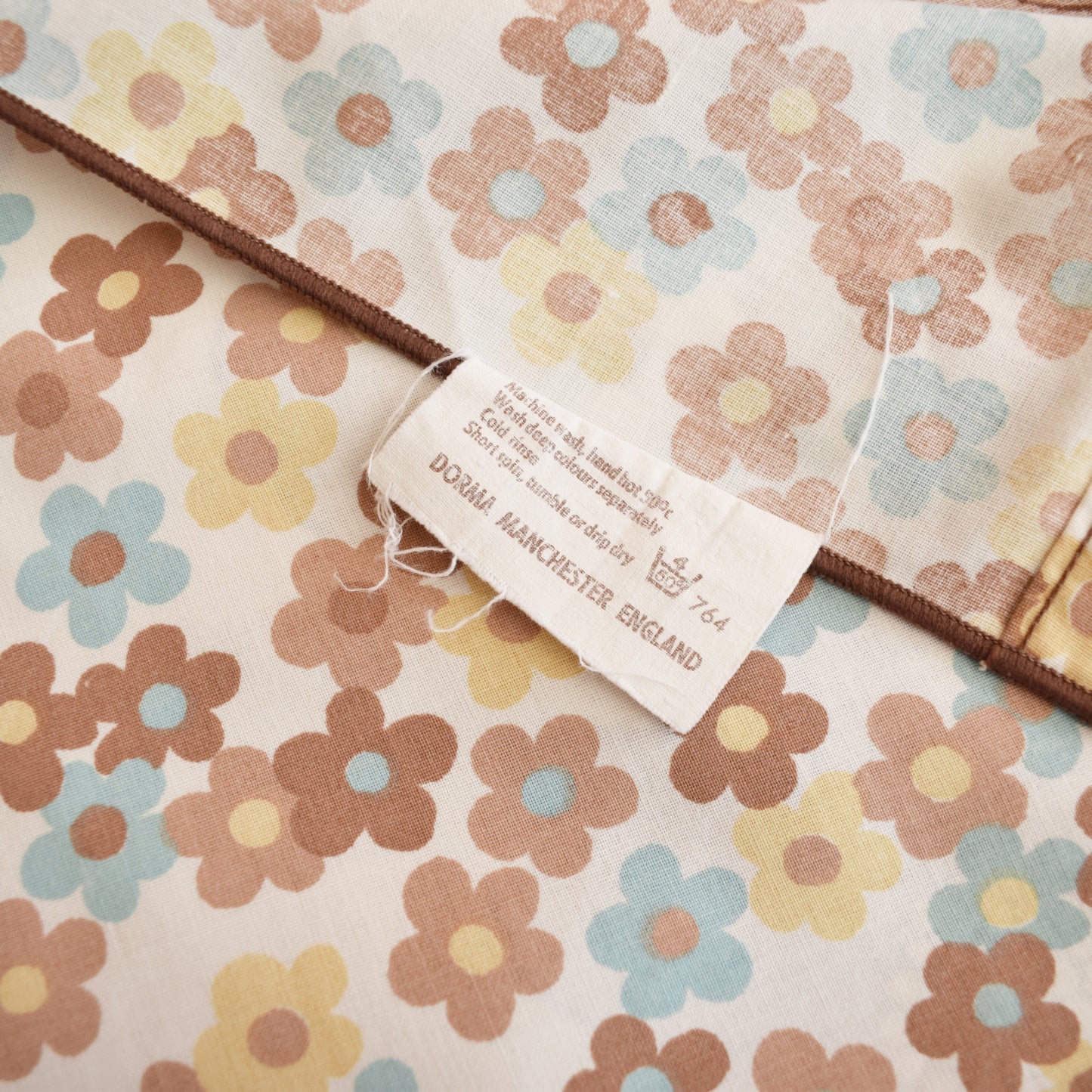 Vintage 1970s Flat Sheet/ Fabric - Floral- Brown & Duck Egg Blue