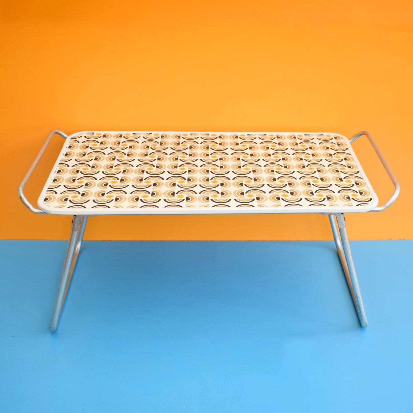 Vintage 1960s Folding Low Table - Geometric Pattern - Brown
