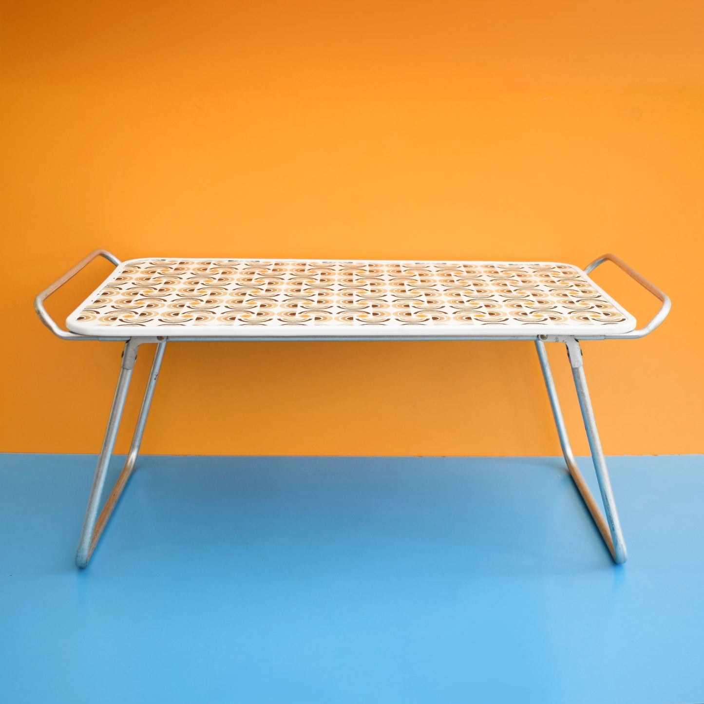 Vintage 1960s Folding Low Table - Geometric Pattern - Brown