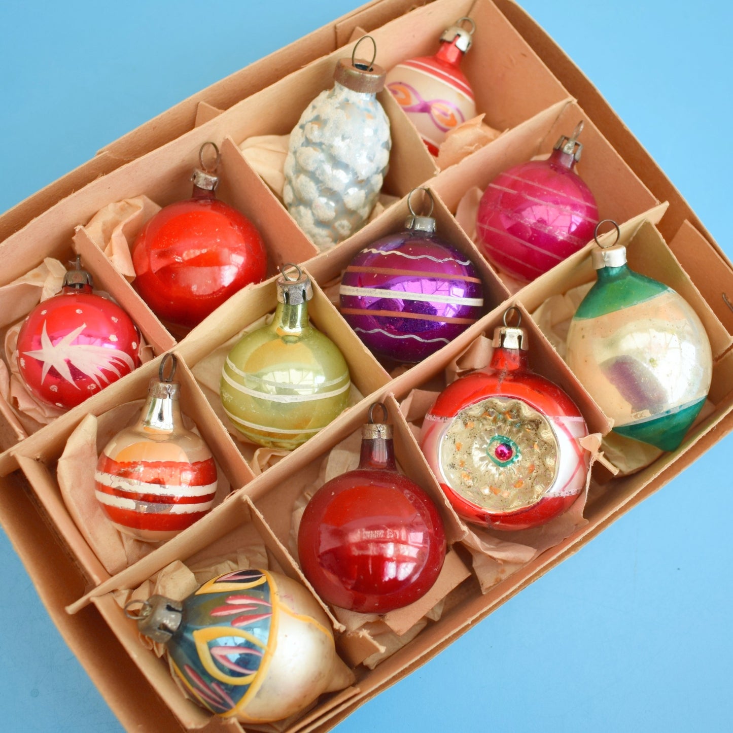 Vintage 1950s Glass Christmas Bauble Set - Boxed Small Mixed