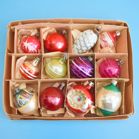 Vintage 1950s Glass Christmas Bauble Set - Boxed Small Mixed