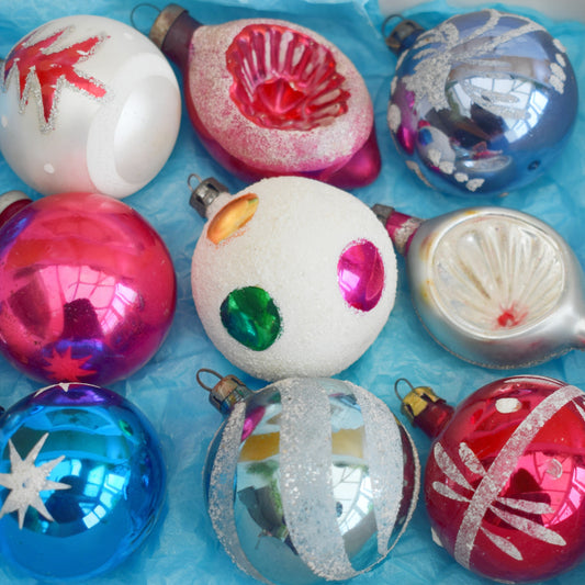 Vintage 1960s Medium Glass Christmas Baubles- Pink & Blue .