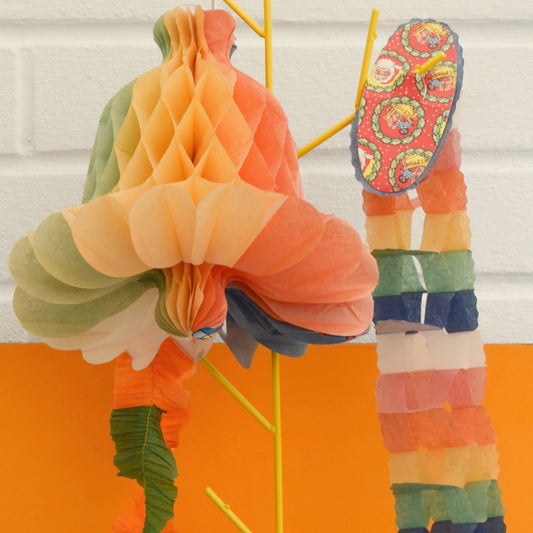 Vintage 1950s Honeycomb Paper Decorations / Garlands - Orange/ Green